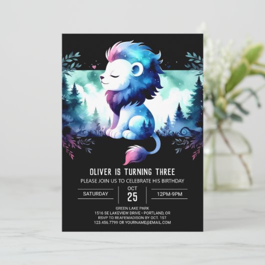 Fantasy Minimalistisch Lion Birthday Einladung (Stehend Vorderseite)