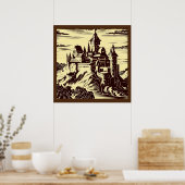Fantasy Mittelalterliche Burg - Holzschnitt 2 Poster (Küche)