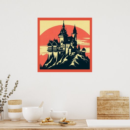 Fantasy Mittelalterliche Burg - Holzschnitt 4 Poster (Küche)