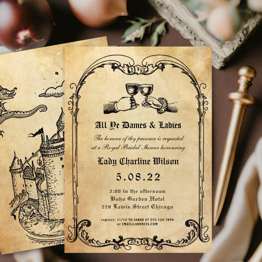 Fantasy Mittelalterliche Gravur Brautparty Einladung