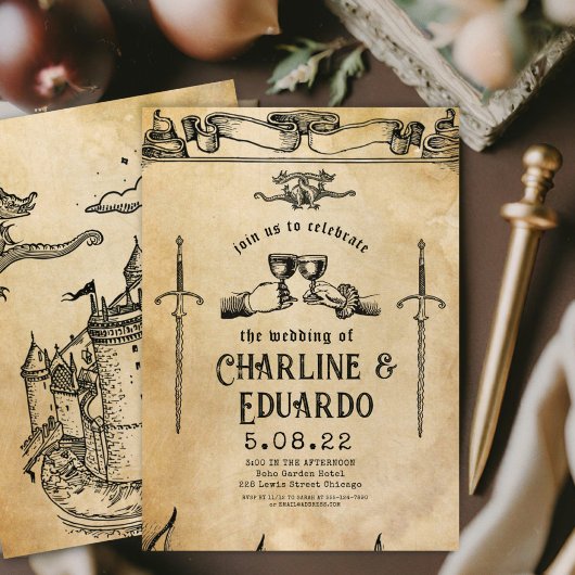 Fantasy Mittelalterliche Gravur Kunst Hochzeit Ein Einladung