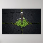 Fantasy Mittelalterliches Schwert Grüne Klee Natur Poster (Vorne)