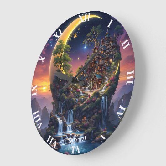 Fantasy Moon Waterfall Forest Große Wanduhr (Winkel)