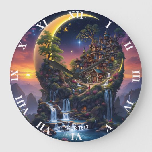 Fantasy Moon Waterfall Forest Große Wanduhr (Vorderseite)