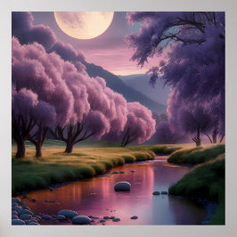 Fantasy Moonlit River Dreamscape Illustration Poster