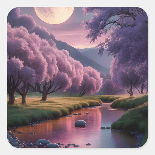 Fantasy Moonlit River Dreamscape Illustration Quadratischer Aufkleber (Vorderseite)
