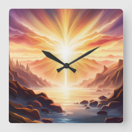 Fantasy Mountain Valley Lake Quadratische Wanduhr