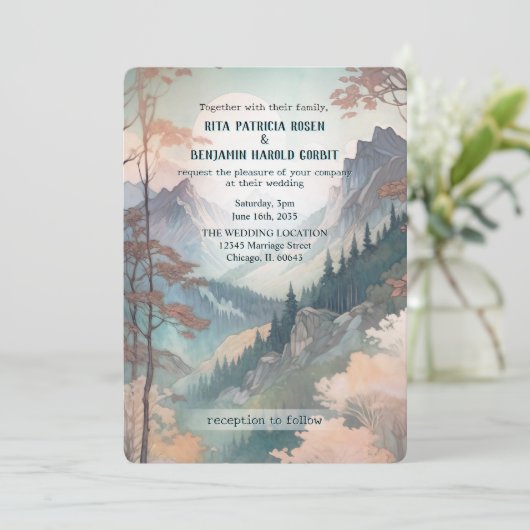 Fantasy Mountain Wedding Einladung (Stehend Vorderseite)