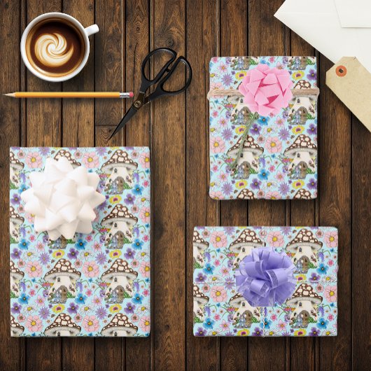 Fantasy Mouse Mushroom House Floral Geschenkpapier Set