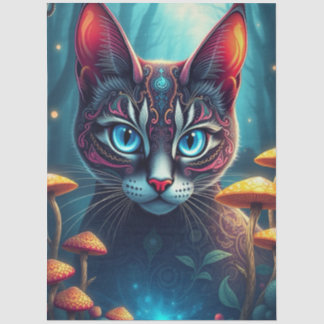 Fantasy Mushroom Forest Blue eyed Cat  Tissue Pape Seidenpapier