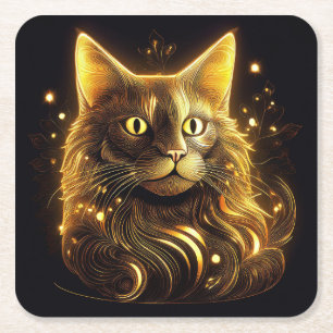 Fantasy Neon Gold Cat Rechteckiger Pappuntersetzer