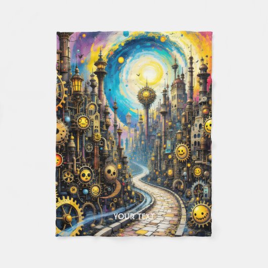 Fantasy Niedlich Abstrakt Steampunk City Fleecedecke (Vorderseite)