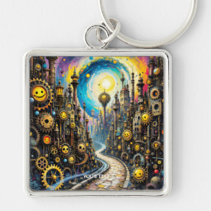 Fantasy Niedlich Abstrakt Steampunk City Schlüsselanhänger