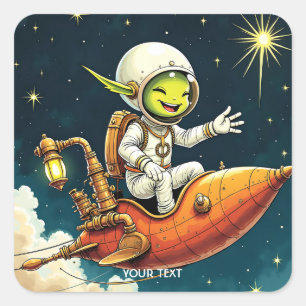 Fantasy Niedlich Alien Space Ship Quadratischer Aufkleber