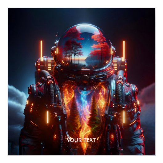 Fantasy Niedlich Astronaut Landschaftsfeuer Poster (Vorderseite)