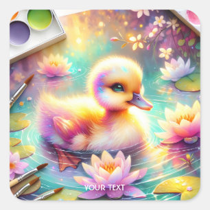 Fantasy Niedlich Baby Duck Blume Quadratischer Aufkleber