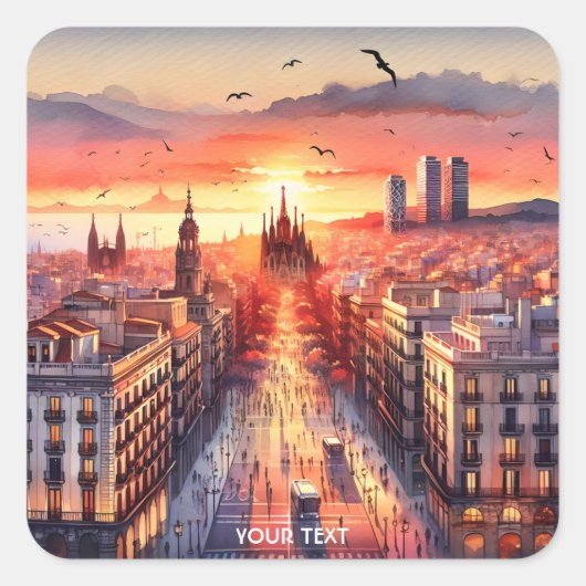 Fantasy Niedlich Barcelona Sunset View Quadratischer Aufkleber (Vorderseite)