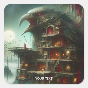 Fantasy Niedlich Bird House Library Quadratischer Aufkleber
