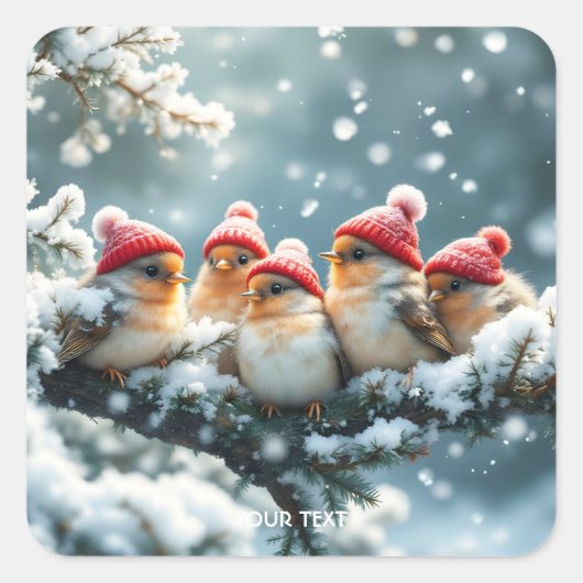 Fantasy Niedlich Birds Hat Snow Quadratischer Aufkleber (Vorderseite)