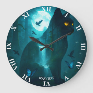 Fantasy Niedlich Black Surreal Cat Große Wanduhr