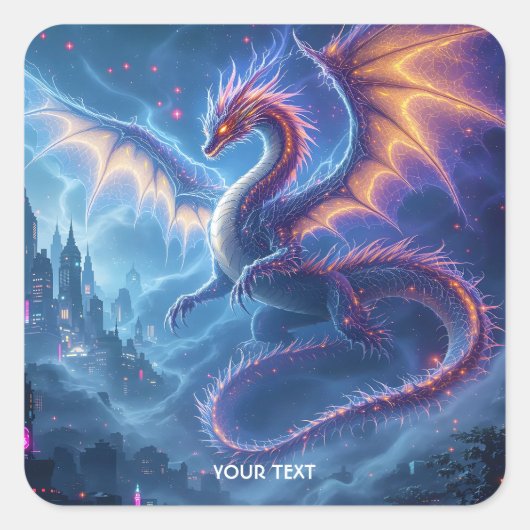 Fantasy Niedlich Blue Dragon City Quadratischer Aufkleber (Vorderseite)