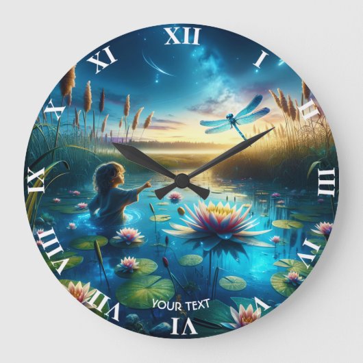 Fantasy Niedlich Boy Dragonfly Night Große Wanduhr (Vorderseite)