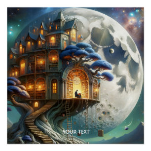 Fantasy Niedlich Boy Moon Library Poster