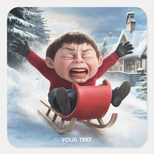 Fantasy Niedlich Boy Sledge Snow Quadratischer Aufkleber (Vorderseite)