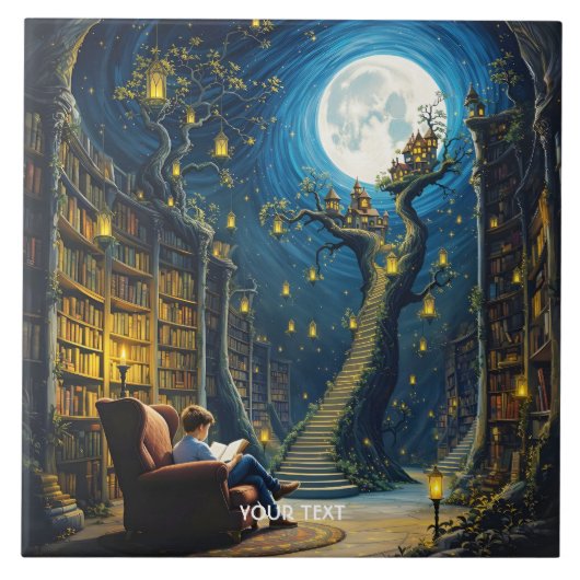 Fantasy Niedlich Boy Tree Library Fliese (Vorderseite)