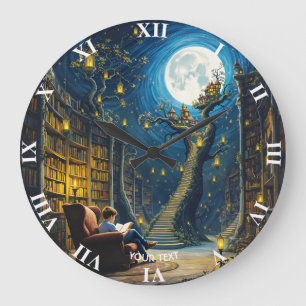 Fantasy Niedlich Boy Tree Library Große Wanduhr