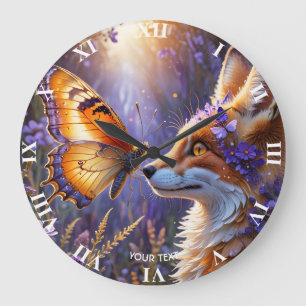 Fantasy Niedlich Butterfly Fox Blume Große Wanduhr