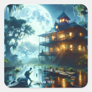 Fantasy Niedlich Cabin Lake Crocodile Quadratischer Aufkleber