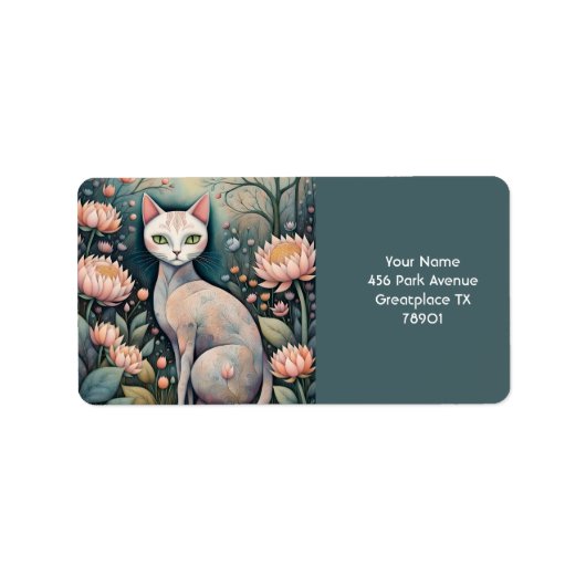 Fantasy Niedlich Cat Blume Wald Adressaufkleber (Vorne)