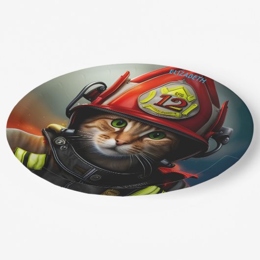 Fantasy Niedlich Cat Feuerwehrmann Anzug. Pappteller (Schrägansicht)