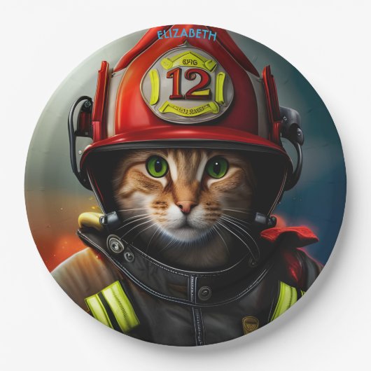 Fantasy Niedlich Cat Feuerwehrmann Anzug. Pappteller (Vorderseite)