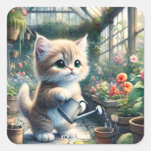 Fantasy Niedlich Cat Garden Blume Quadratischer Aufkleber