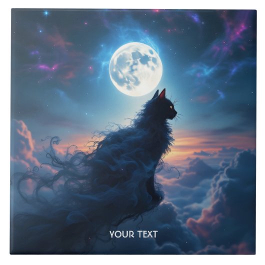 Fantasy Niedlich Cat Moon Wolken Fliese (Vorderseite)