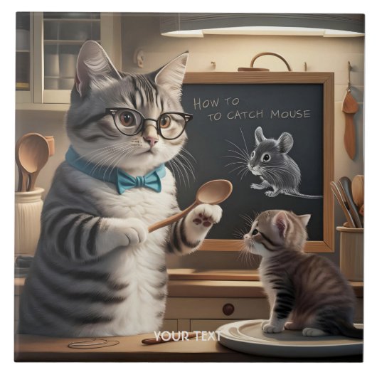 Fantasy Niedlich Cat Teaching Kitten Fliese (Vorderseite)