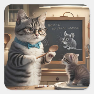 Fantasy Niedlich Cat Teaching Kitten Quadratischer Aufkleber