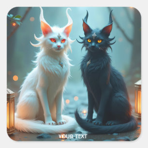 Fantasy Niedlich Cats Schwarz-weiß Quadratischer Aufkleber