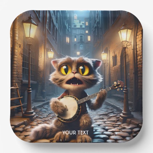 Fantasy Niedlich Chat Playing Banjo Pappteller (Vorderseite)