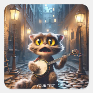 Fantasy Niedlich Chat Playing Banjo Quadratischer Aufkleber