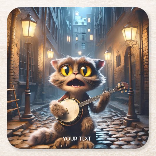 Fantasy Niedlich Chat Playing Banjo Rechteckiger Pappuntersetzer (Vorderseite)