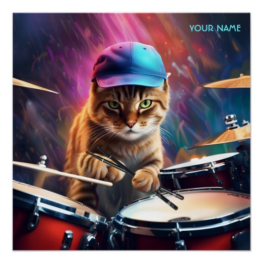 Fantasy Niedlich Chat Playing Drums Poster (Vorderseite)