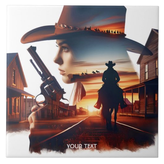 Fantasy Niedlich Cowgirl Cowboy Town Fliese (Vorderseite)