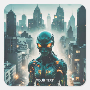 Fantasy Niedlich Cyborg Abend City Quadratischer Aufkleber