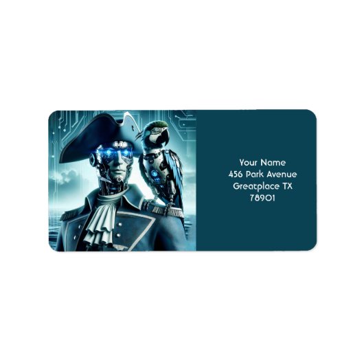 Fantasy Niedlich Cyborg Parrot Pirate Adressaufkleber (Vorne)