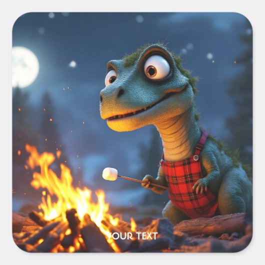 Fantasy Niedlich Dino Campfire Moon Quadratischer Aufkleber (Vorderseite)