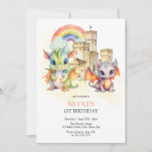 Fantasy Niedlich Dragon Castle Rainbow Kindergebur Einladung (Vorderseite)