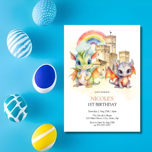 Fantasy Niedlich Dragon Castle Rainbow Kindergebur Einladung